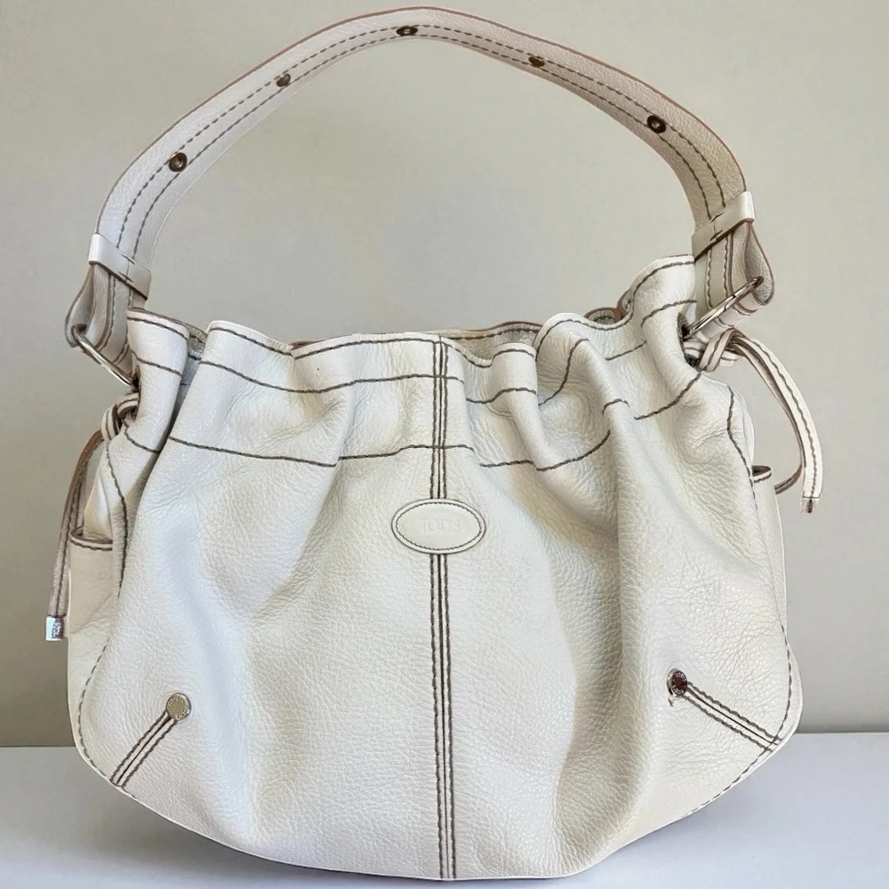 TOD'S Miky Easy Media Shoulder Handbag in White Pebbled Leather - Picture 14 of 14